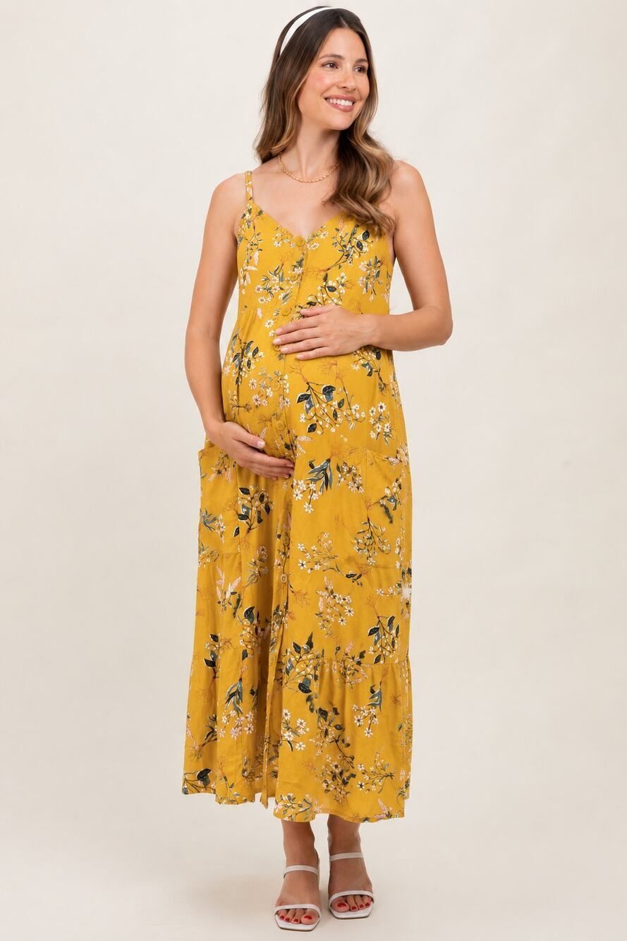 Motherhood Maternity Linen Blend Floral Midi Dress Mustard Yellow Size S Summer